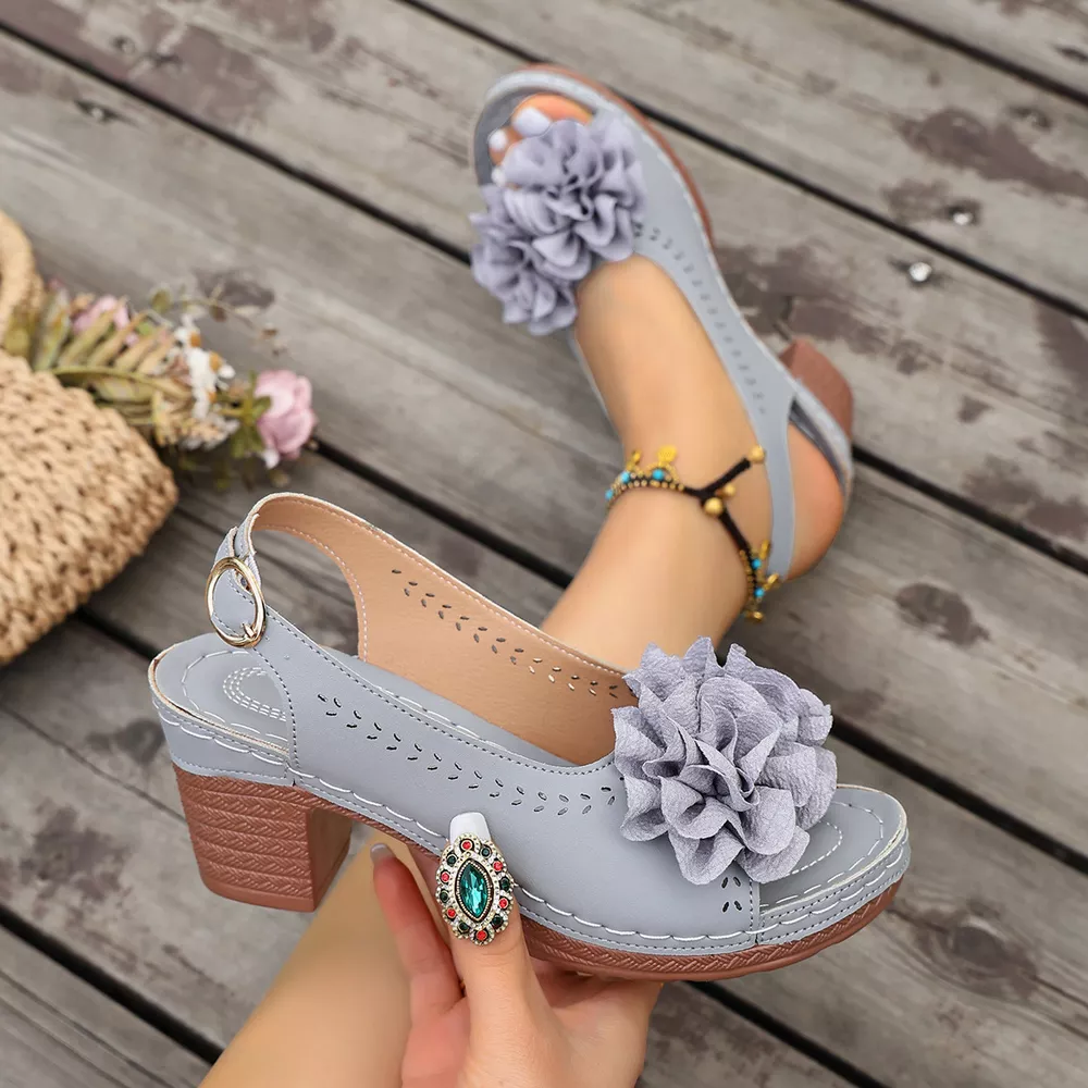 Floral Decor Chunky Heel Sandals, image 8