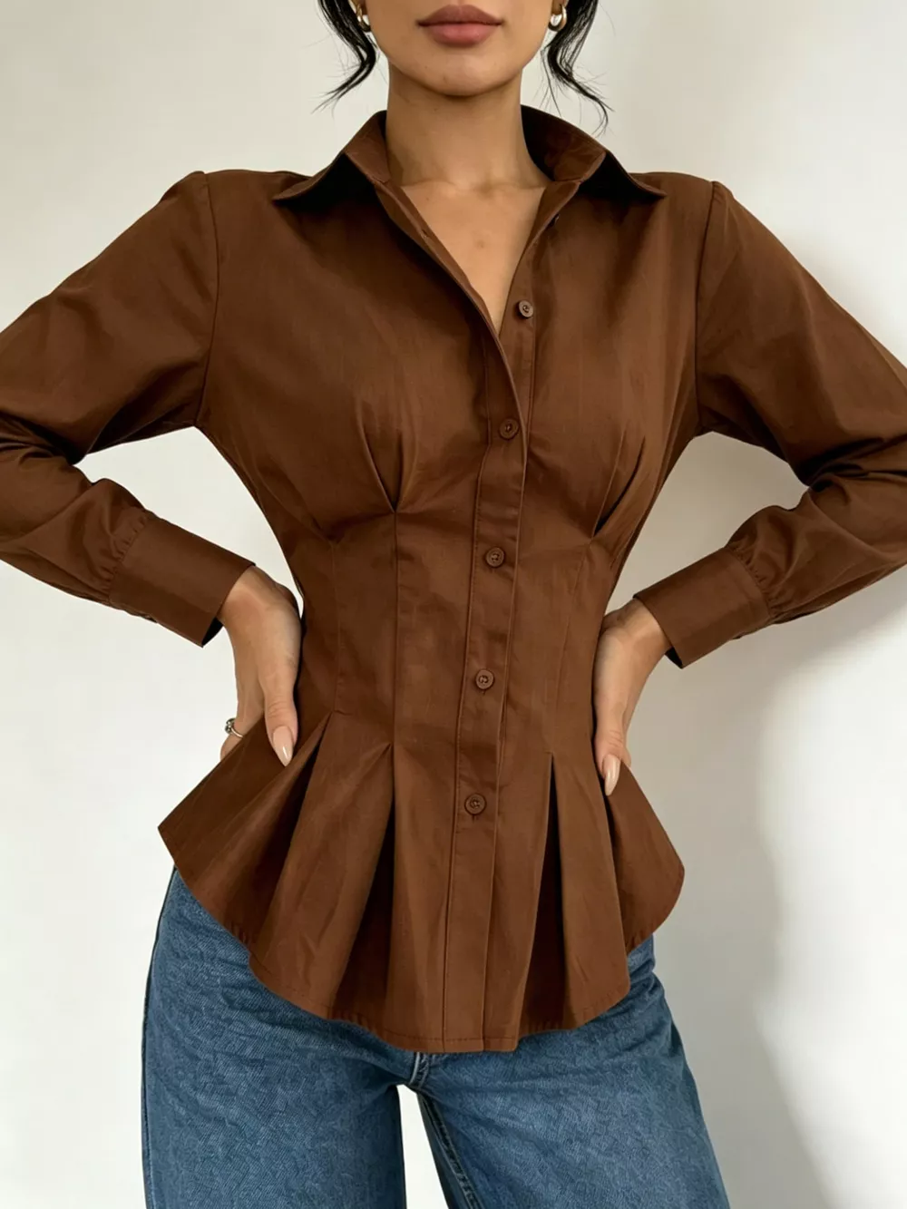 Button-Down Peplum Blouse with Fitted Waist, image 2