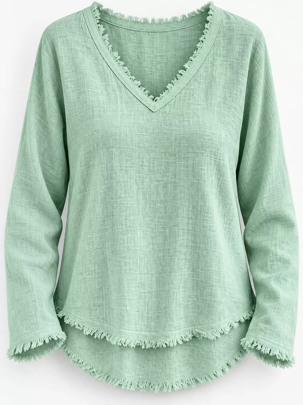 Full Size Frayed Hem V-Neck Long Sleeve Blouse Plus Size, image 61