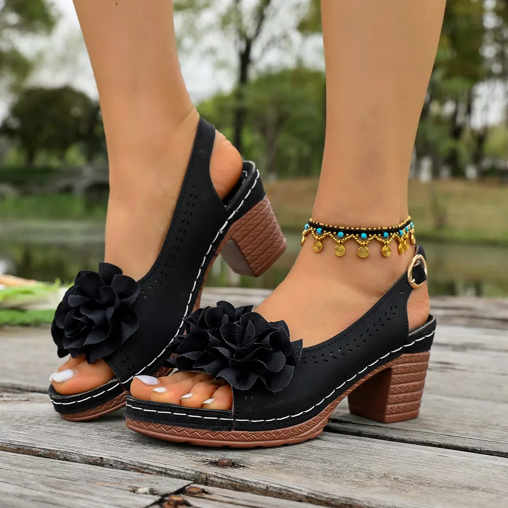 Floral Decor Chunky Heel Sandals, image 3