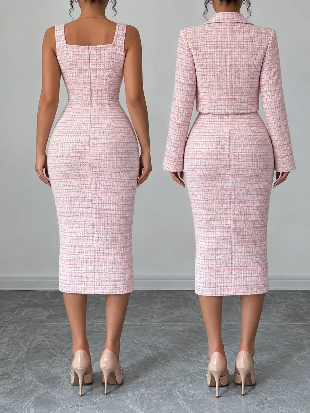 Tweed Square Neck Dress and Cardigan Set, image 5