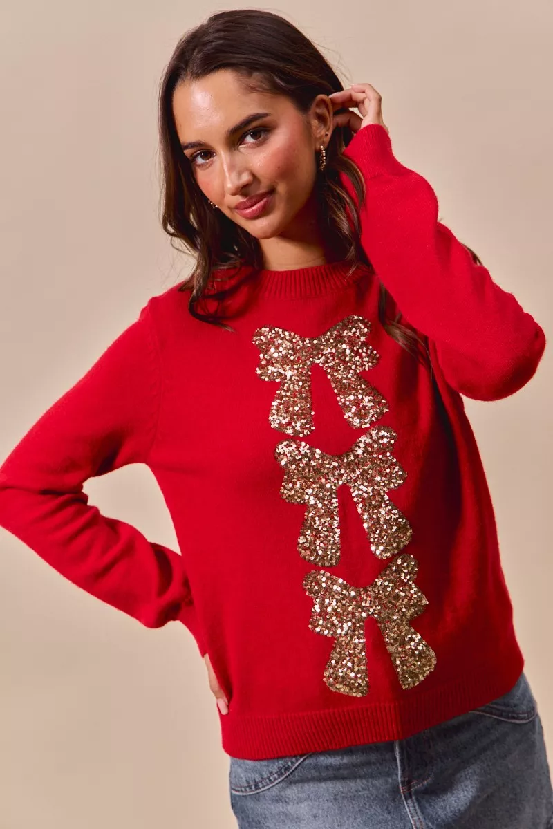 Sequins Bow Ribbon Embellished Christmas Sweater, image 6