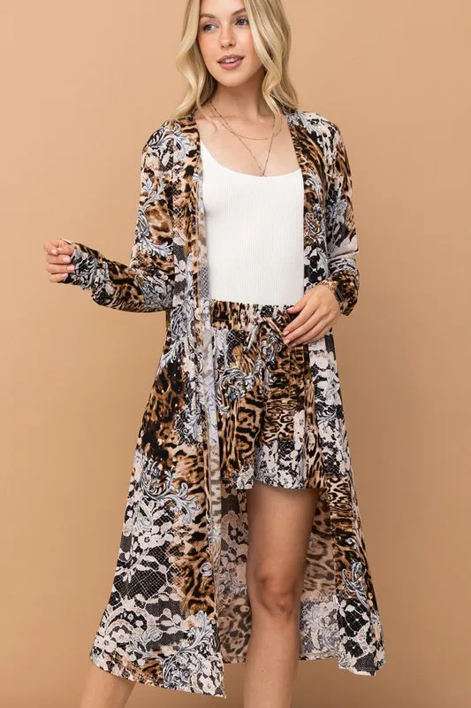 Animal Print Kimono and Shorts Set