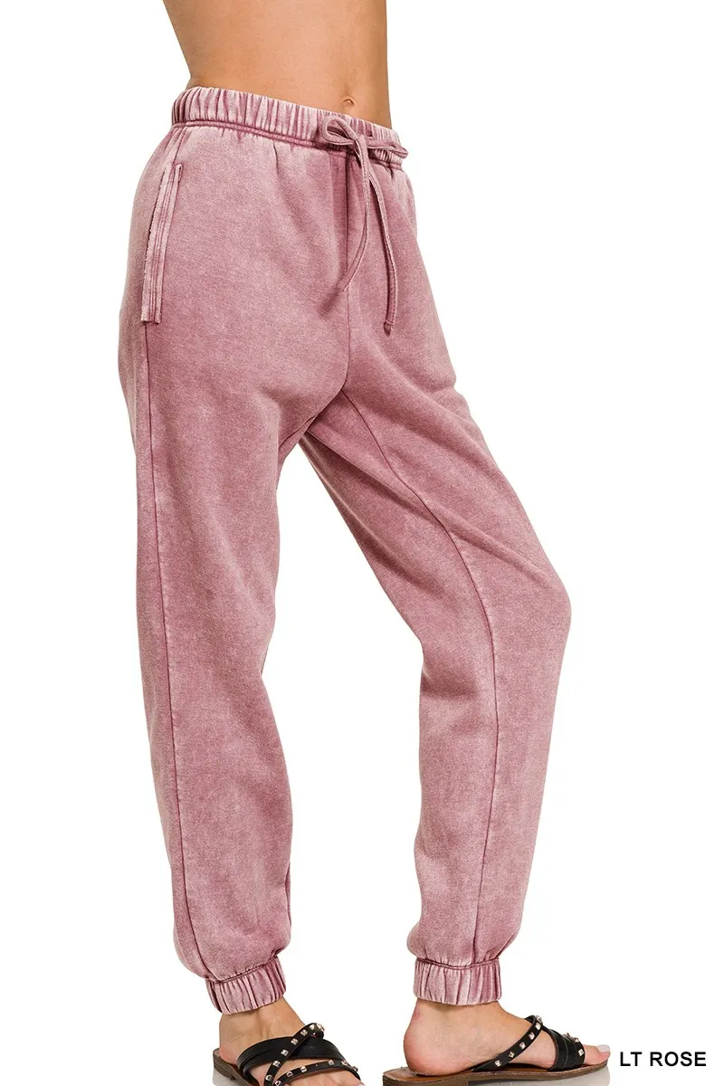 Acid Wash Fleece Sweatpants with Pockets, image 2