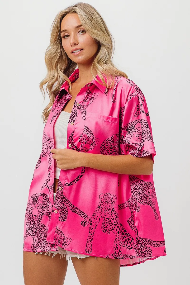 Leopard Print Short Sleeve Silky Satin Shirt Top, image 8
