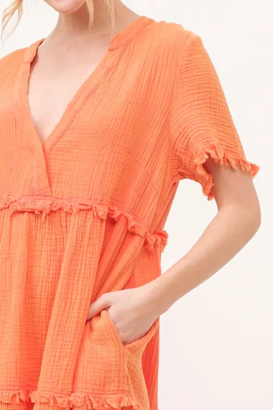 Washed Frayed Detail Tiered Dress, image 3