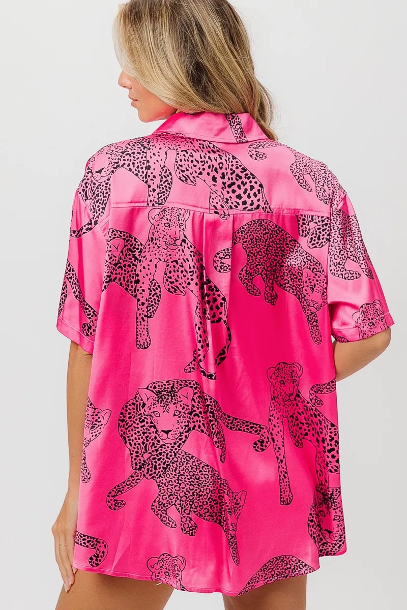 Leopard Print Short Sleeve Silky Satin Shirt Top, image 9