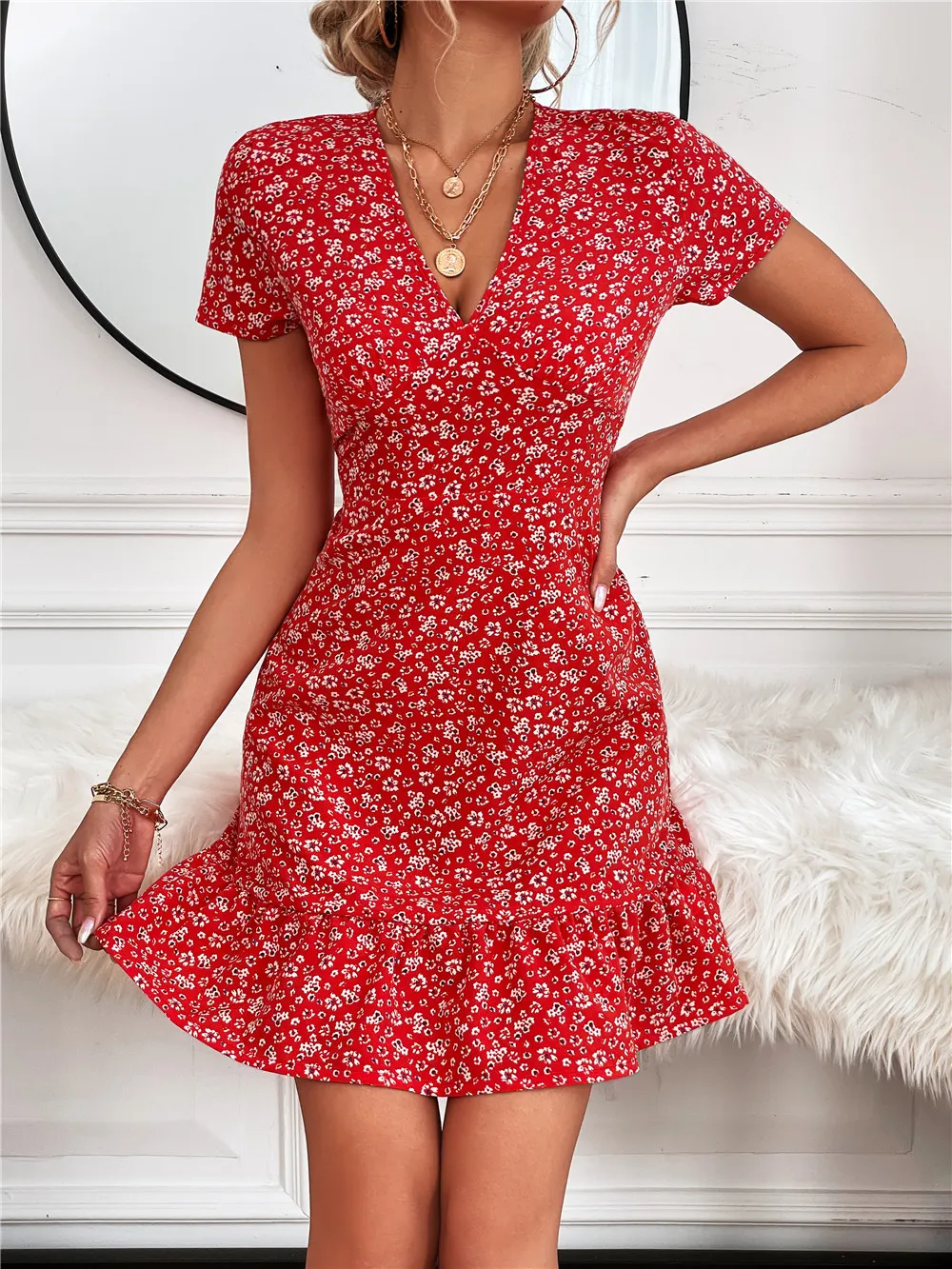 Printed Ruffled Hem V-Neck Short Sleeve Mini Dress, image 17