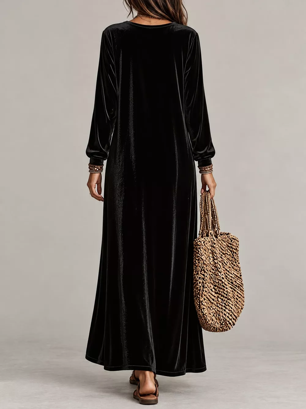 Velvet Long-Sleeve Maxi Dress, image 8