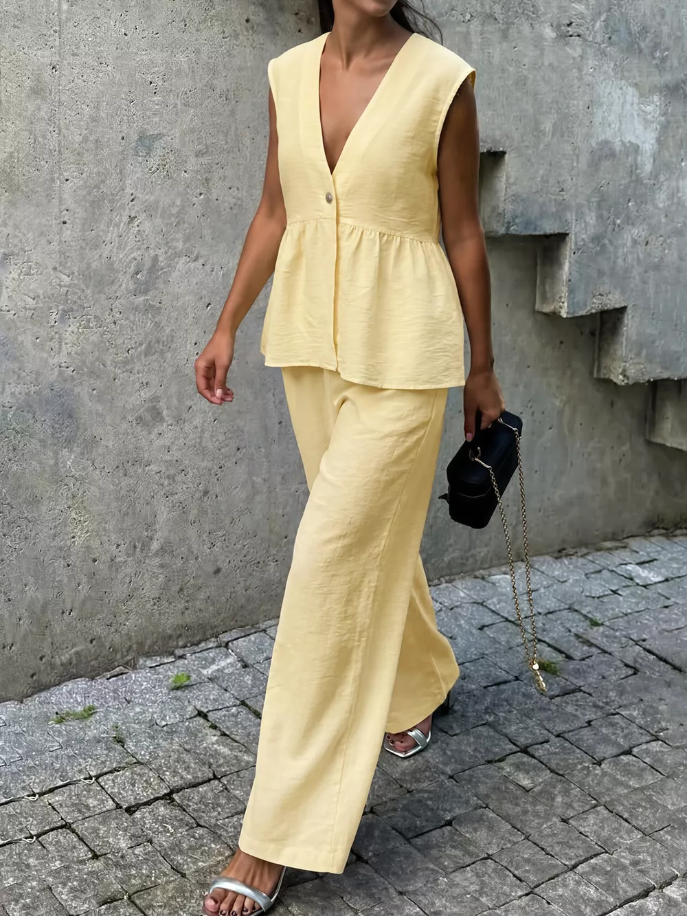 One Button Sleeveless Top and Pants Set, image 2