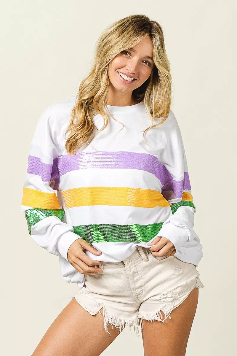 Sequin Mardi Gras Striped Round Neck Sweatshirt, image 11