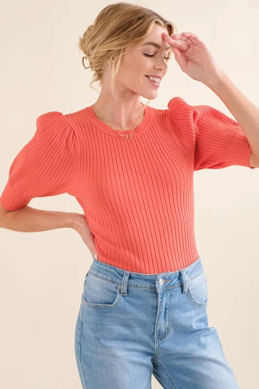 Puffed Half Sleeve Rib Basic Bodysuit