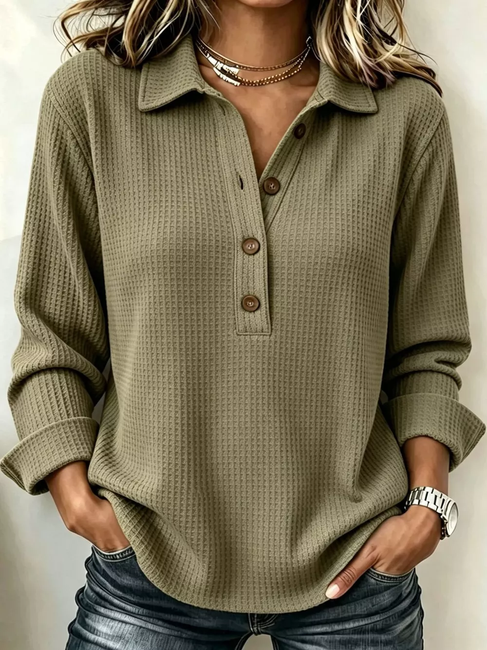 Full Size Waffle Knit Long Sleeve Polo Top Plus Size, image 6