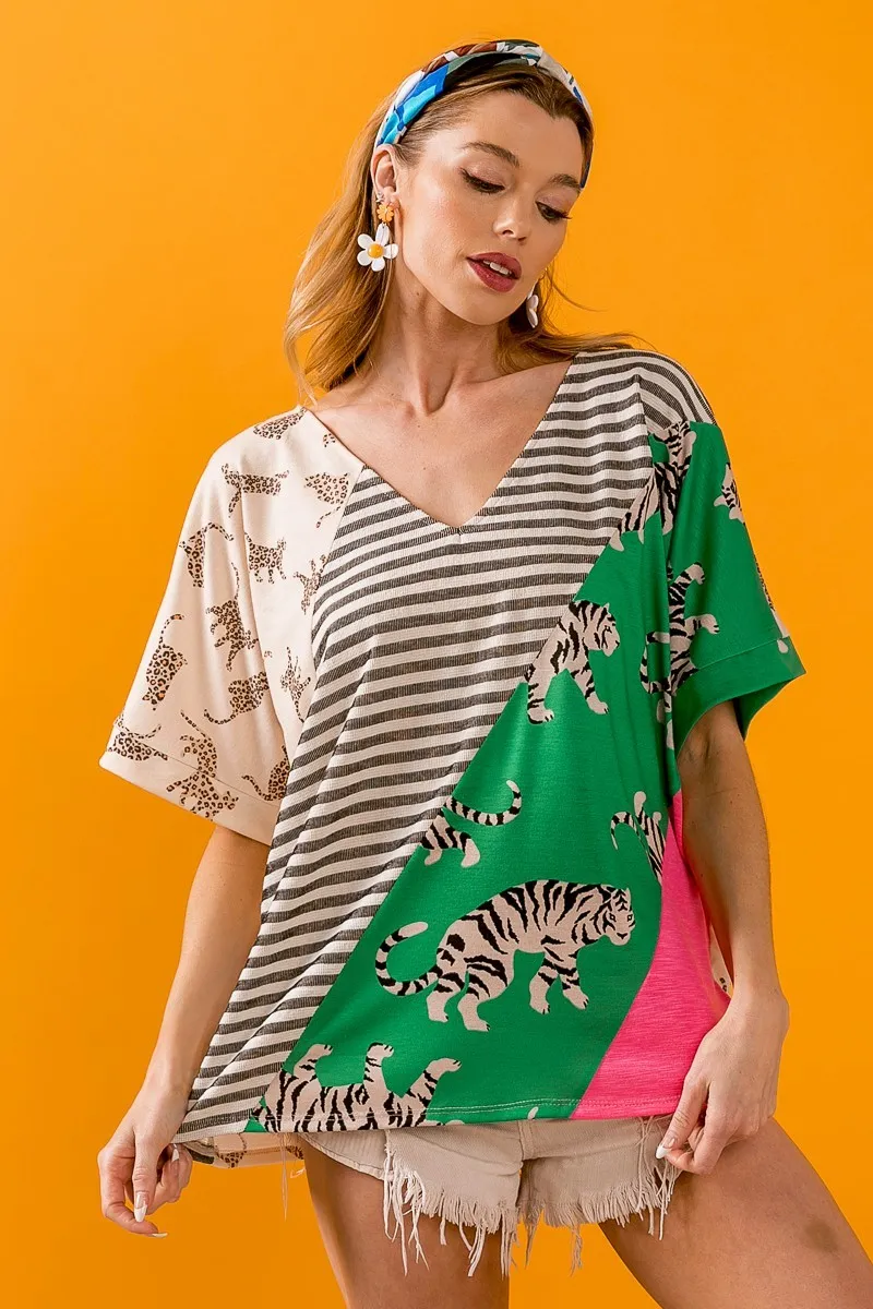 Tiger W Stripe Contrast Color Block V Neck Top, image 7