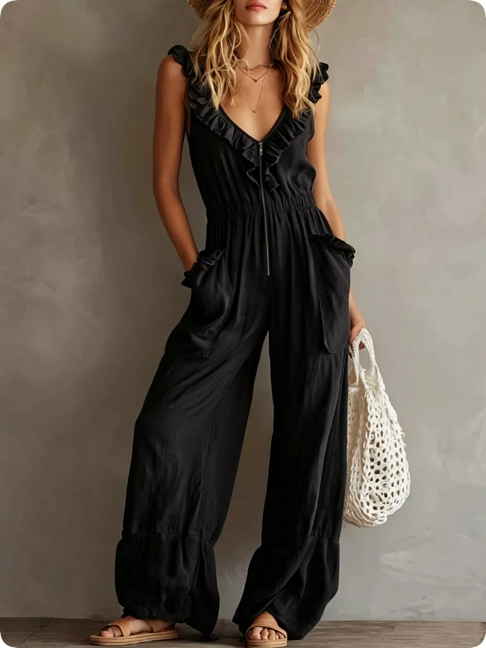 Ruffled V-Neck Wide Leg Jumpsuit, image 5