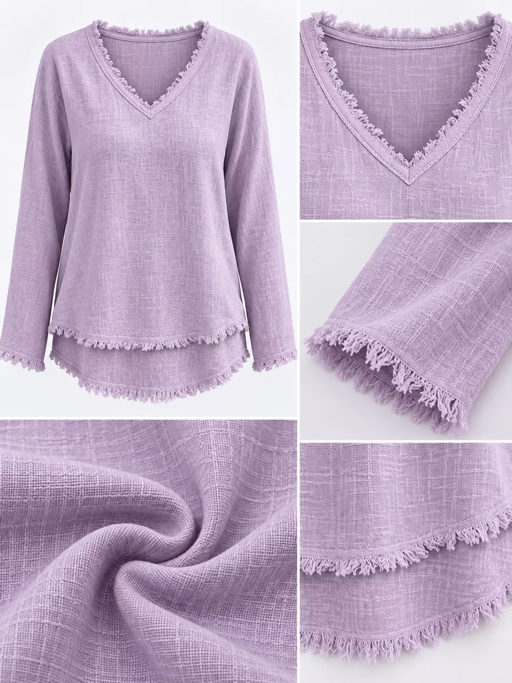 Full Size Frayed Hem V-Neck Long Sleeve Blouse Plus Size, image 56
