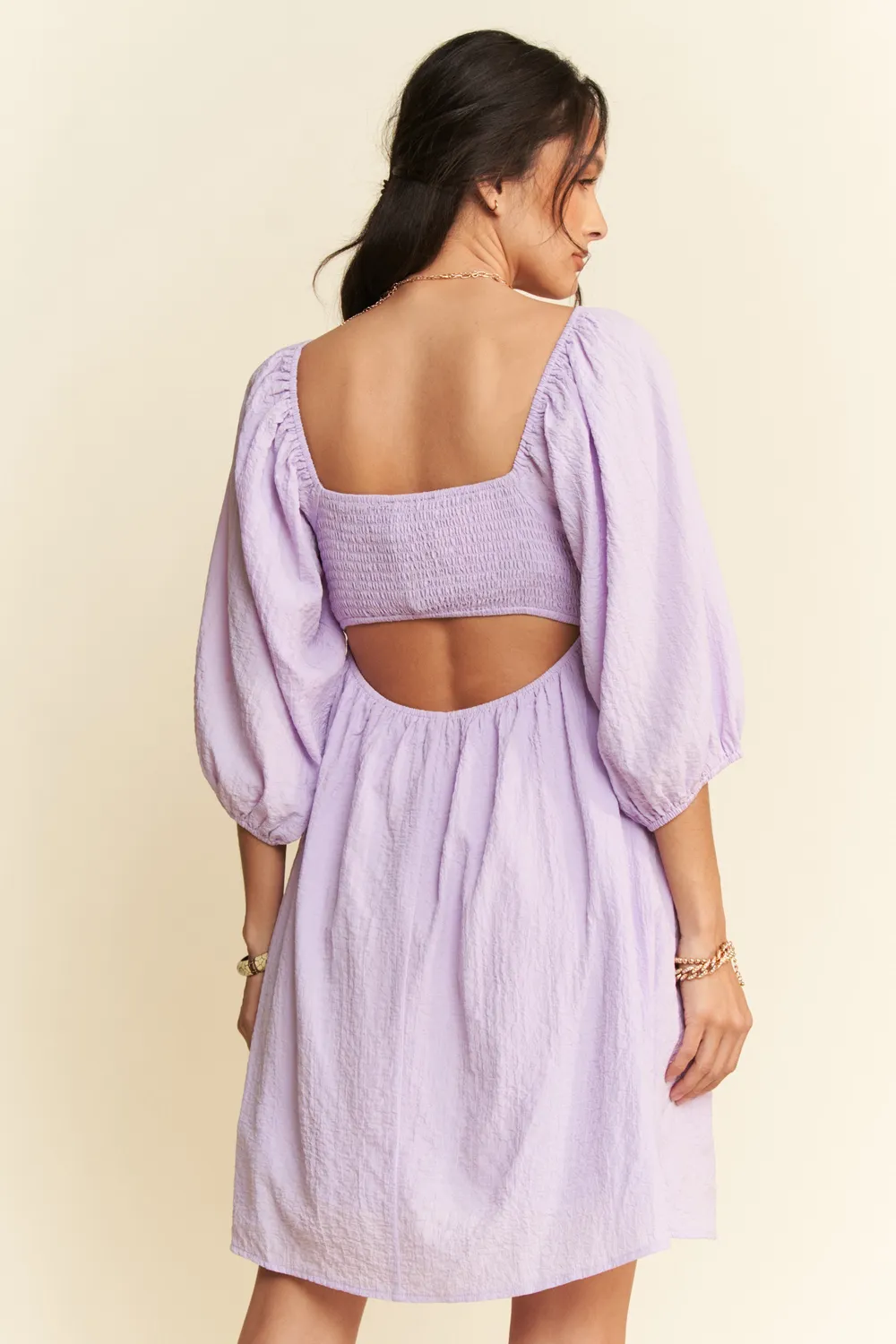 Self-Tie Puff Sleeve Smocking Open Back Mini Dress, image 5