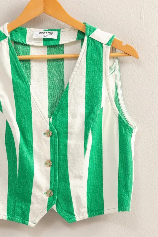 Woven Striped V-Neck Button Down Vest, image 2