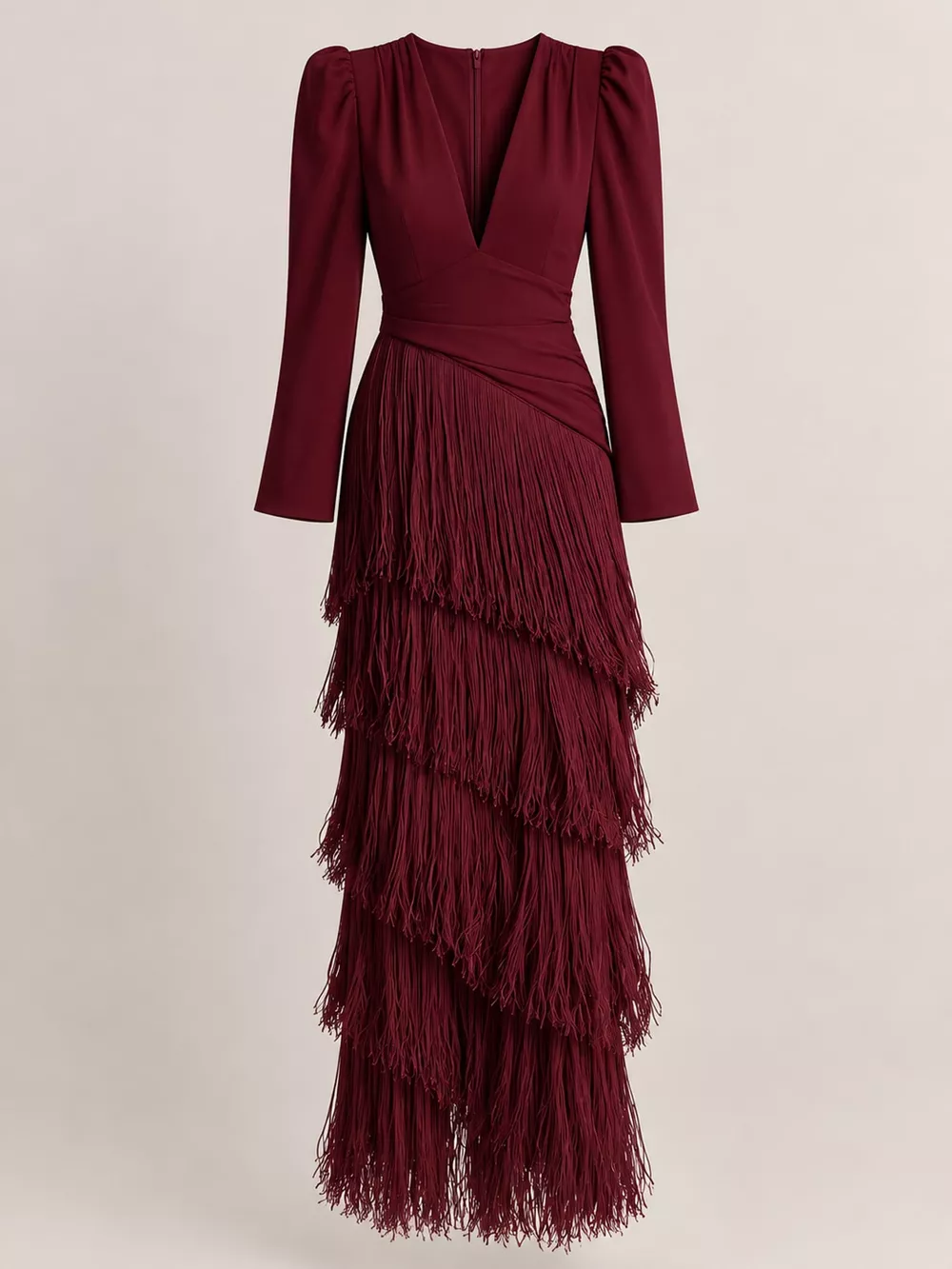 Fringed V-Neck Puff Sleeve Maxi Dress, image 26