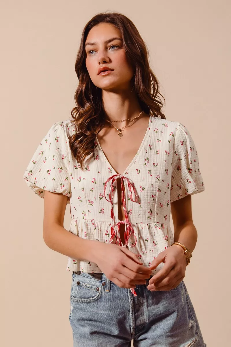 Ditsy Floral Print Gauze Tie-Front Blouse, image 8