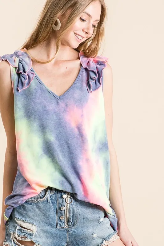 Tie Dye French Terry V Neck Top with Ruffle, image 4