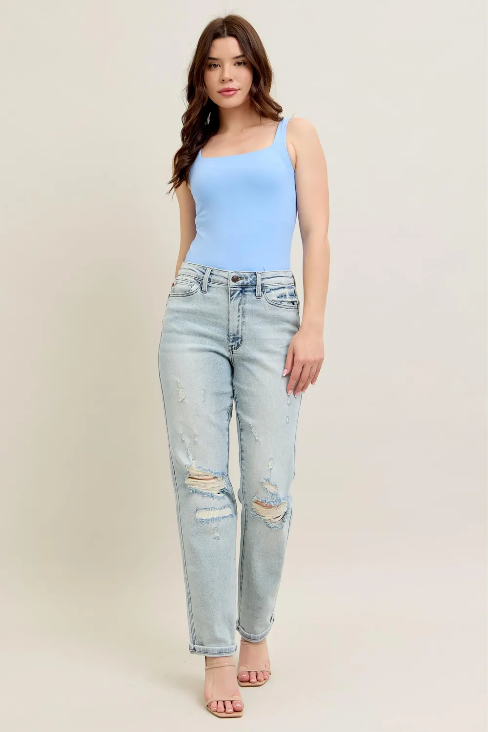 Full Size Mr Repair Stitch Detail Destroy Single Cuff Bf Jeans Plus Size