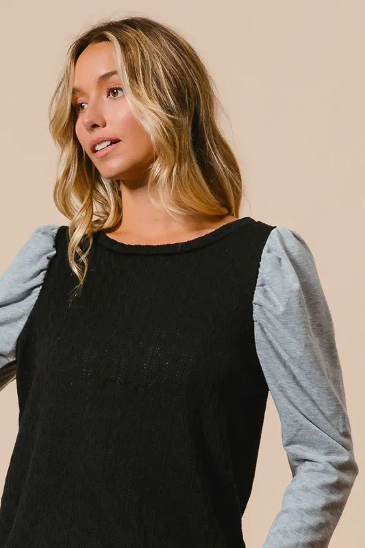 Cable Sweater Knit Top with Contrast Puff Sleeve, image 4