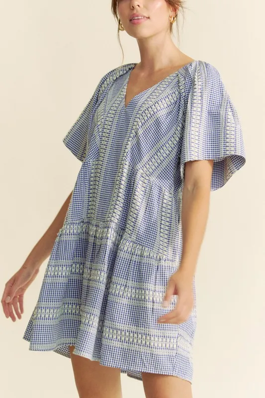 Embroidered Stripe Ruffled Gingham Mini Dress
