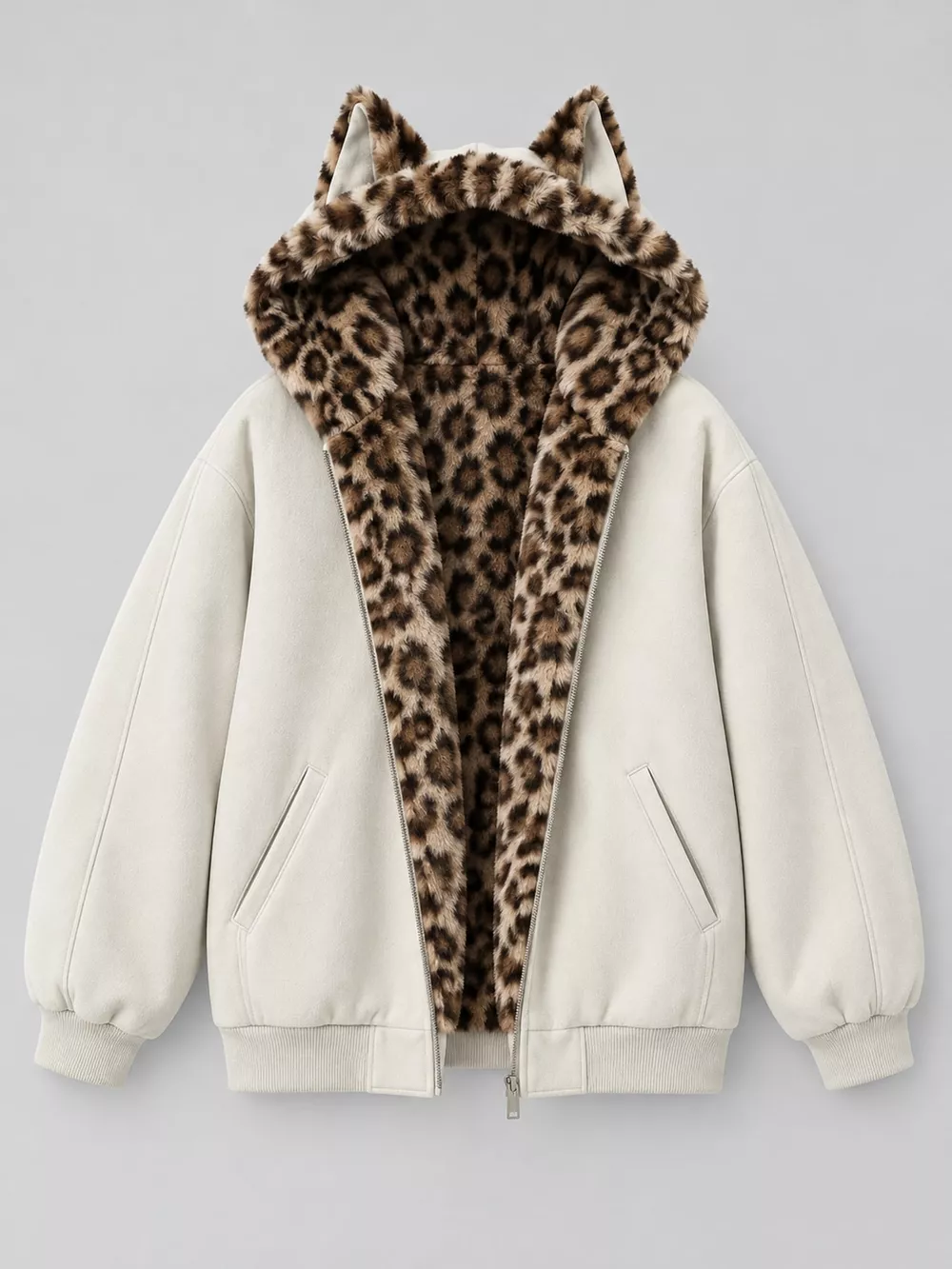 Leopard Faux Fur Lined Zip Up Jacket, image 11