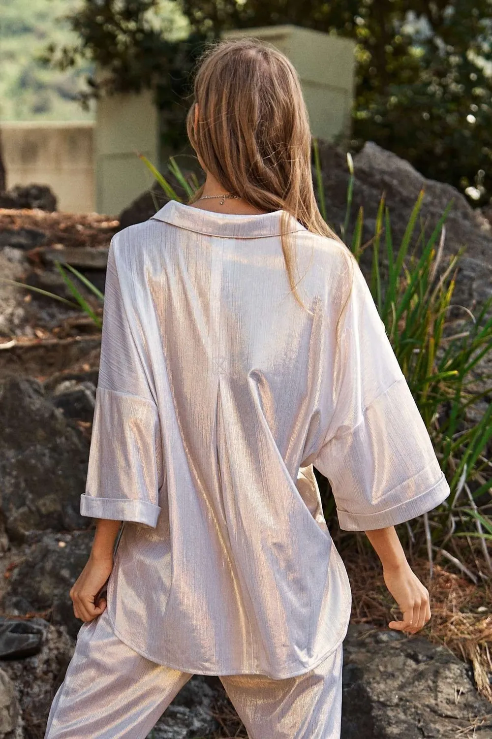 Solid Sparkling Shimmer Pocket Button Front Shirt, image 7