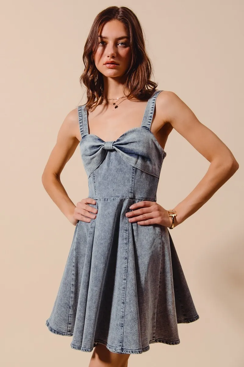 Mineral Washed Bow Ribbon Denim Flare Dress, image 7