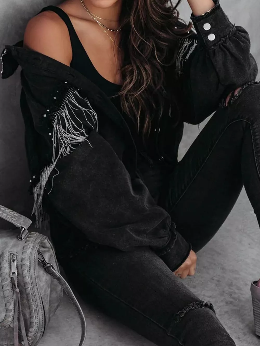Full Size Fringe Embellished Washed Denim Jacket Plus Size, image 6