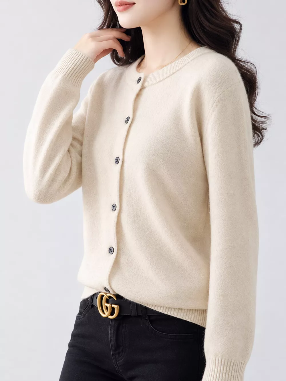 Crew-Neck Button-Down Cardigan, image 2