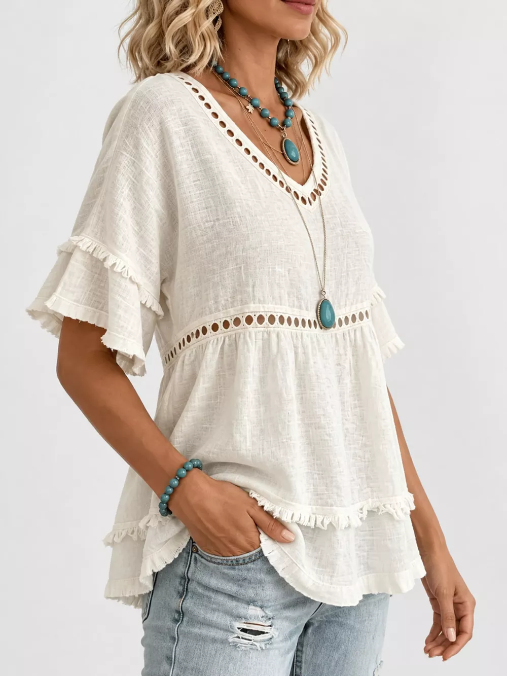 Full Size Frayed Hem V-Neck Blouse Plus Size, image 6