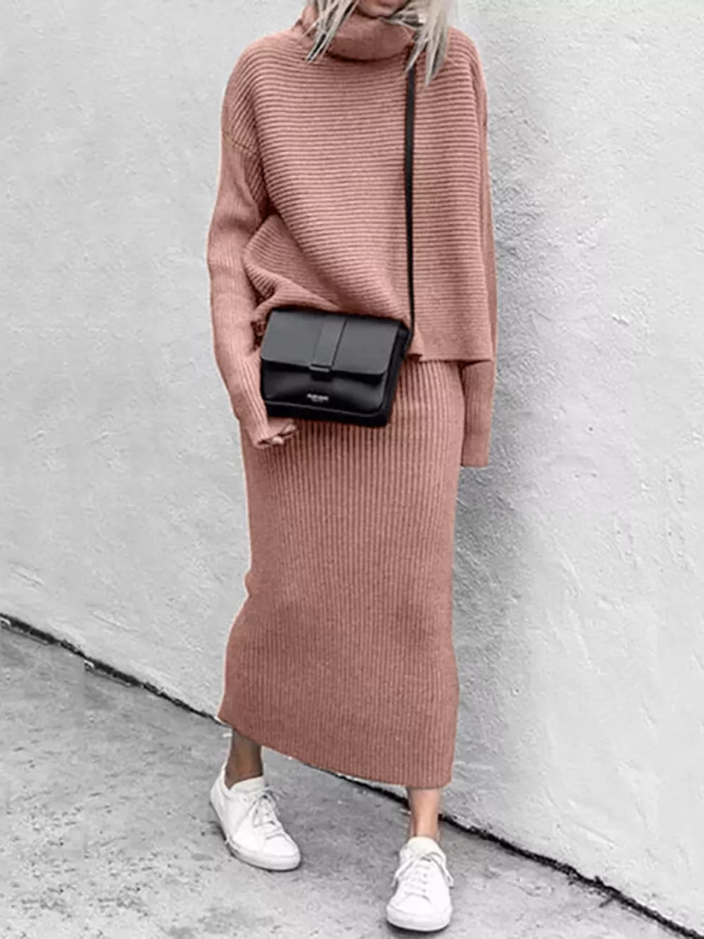 Ribbed Turtleneck Sweater Set with Matching Midi Skirt, image 7
