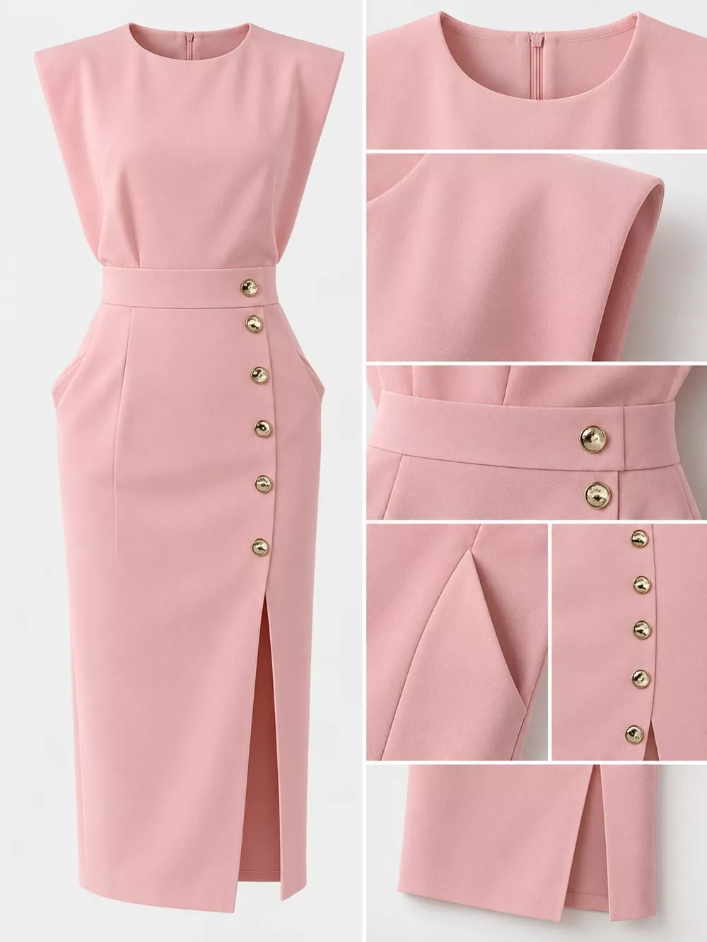 Sleeveless Midi Dress with Gold Button Detail and Side Slit, image 15