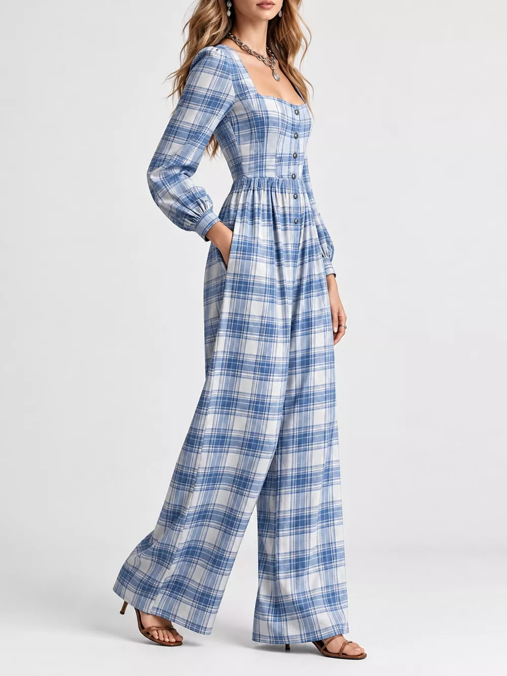 Plaid Square Neck Long Sleeve Wide-Leg Jumpsuit, image 16