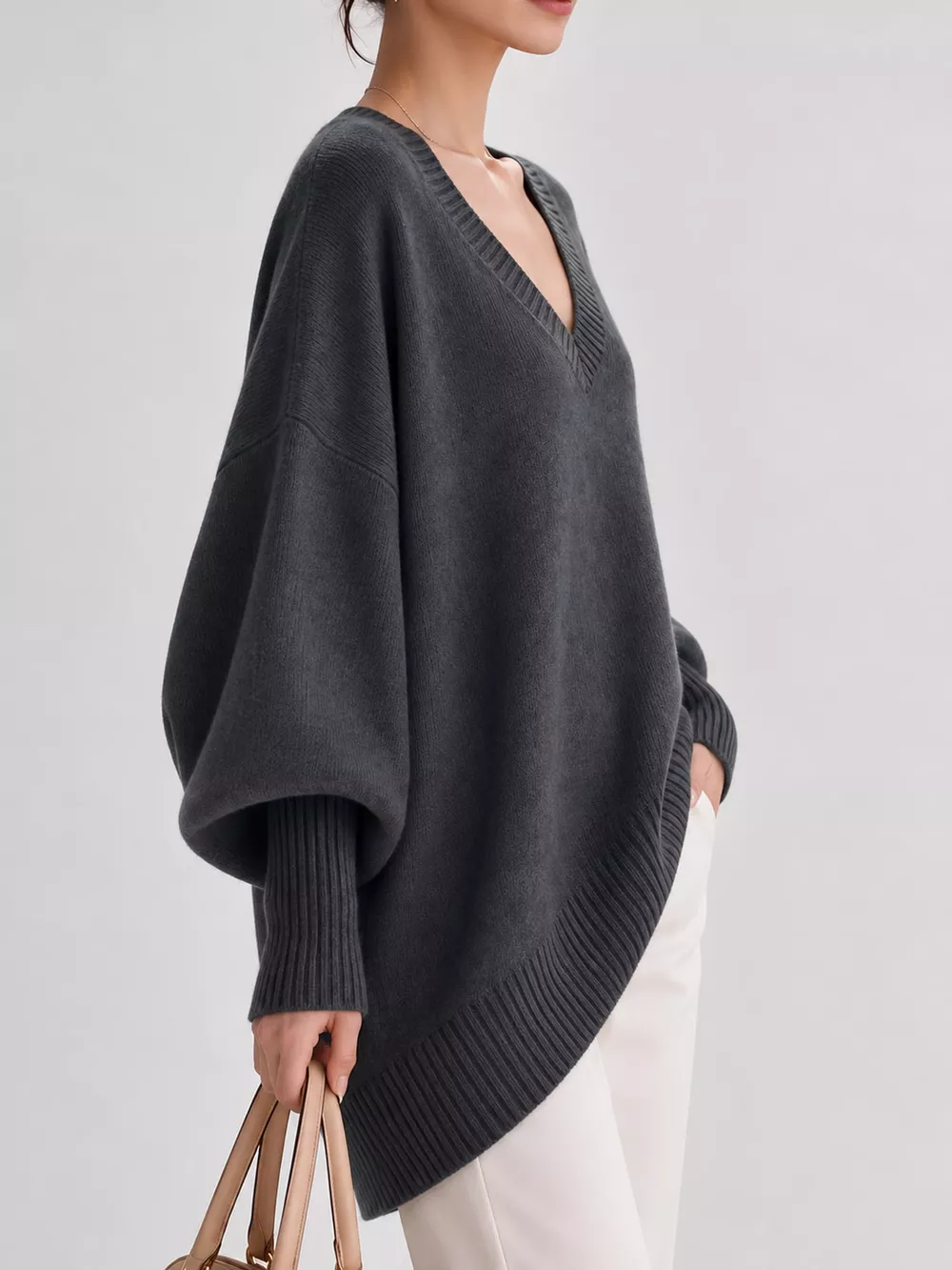 Full Size V-Neck Oversized Batwing Sleeve Sweater Plus Size, image 26