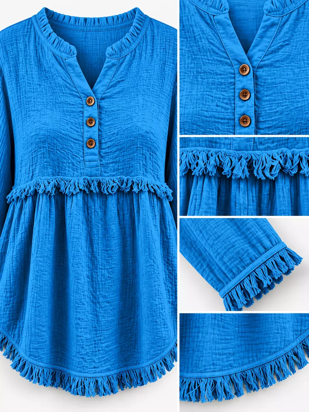 Full Size Frayed Hem Button Detail Blouse Plus Size, image 5