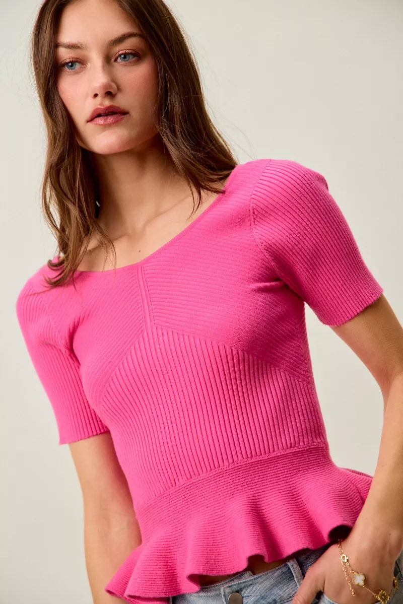 Ribbed Knit Short Sleeves Peplum Sweater Top, image 12