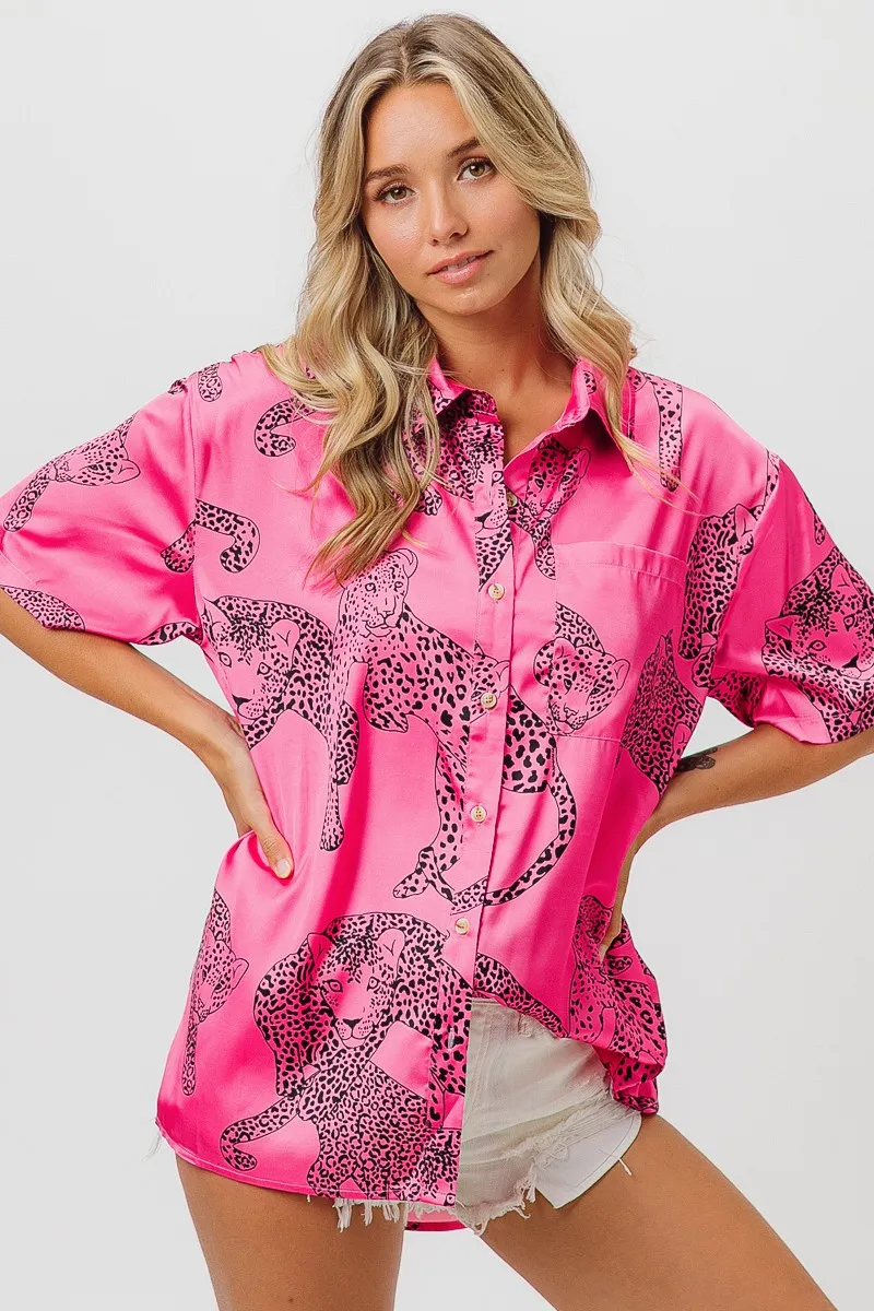 Leopard Print Short Sleeve Silky Satin Shirt Top, image 10