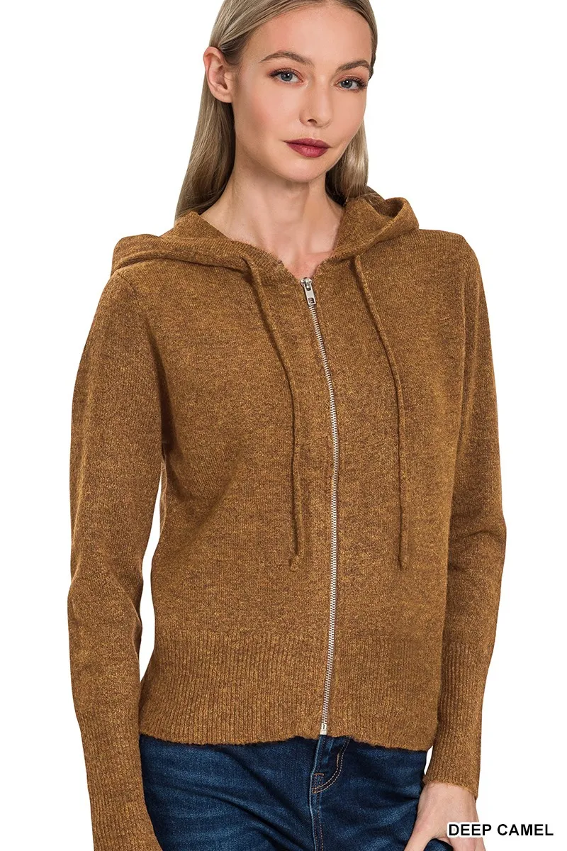 Drawstring Zip Up Hooded Cardigan