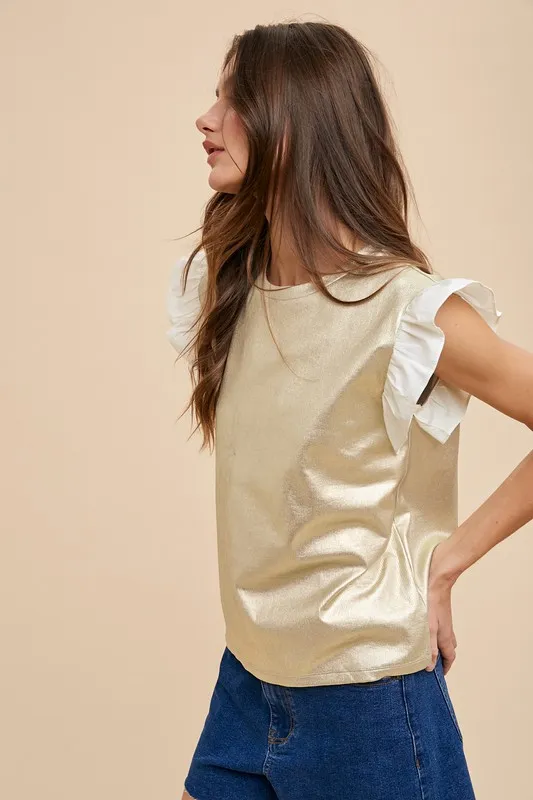 Mix Media Metallic Knit Ruffle Sleeve Top, image 2