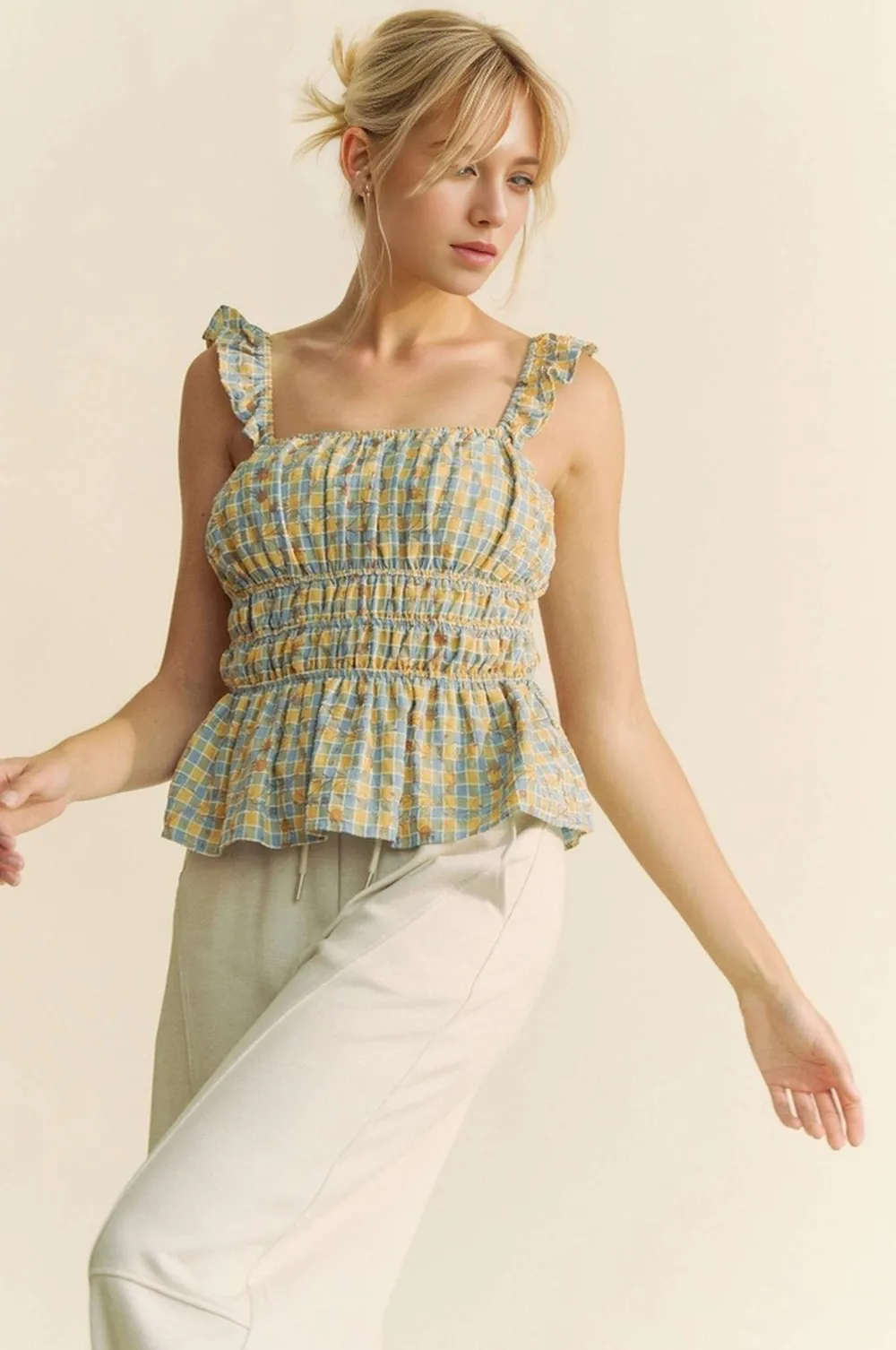 Plaid Ruffled Strap Smocked Sleeveless Top