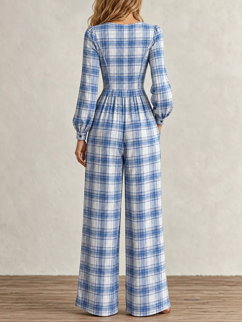Plaid Square Neck Long Sleeve Wide-Leg Jumpsuit, image 17
