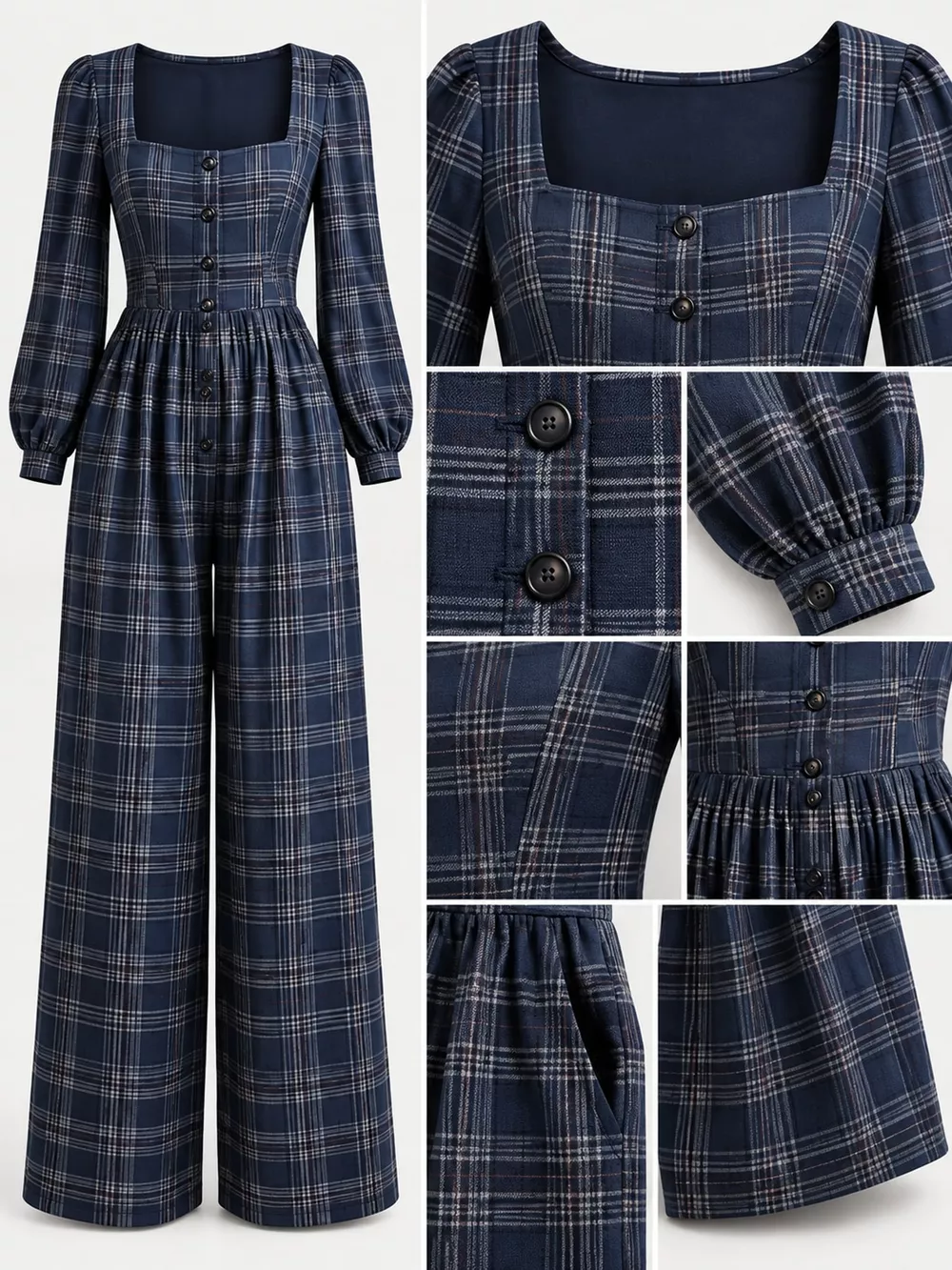 Plaid Square Neck Long Sleeve Wide-Leg Jumpsuit, image 9