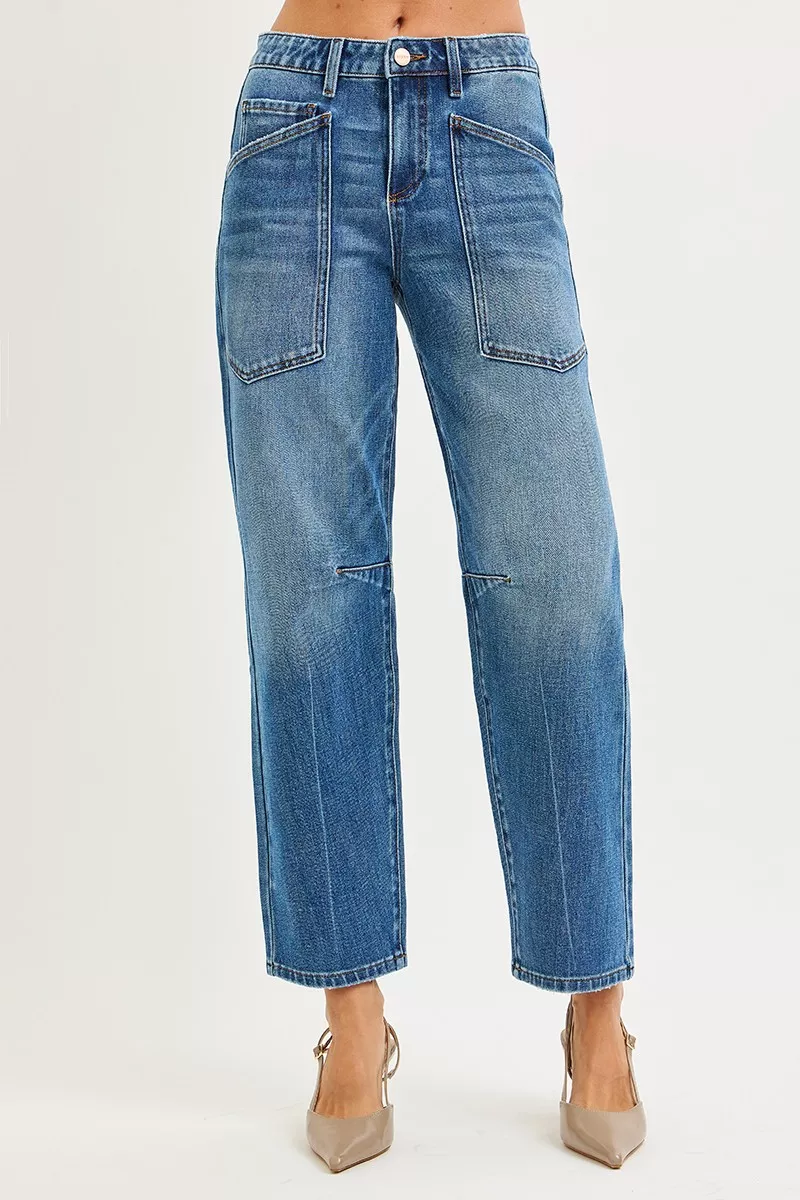 4 Way Stretch Mid Rise Barrel Jeans with Patch Pocket Detail, image 4