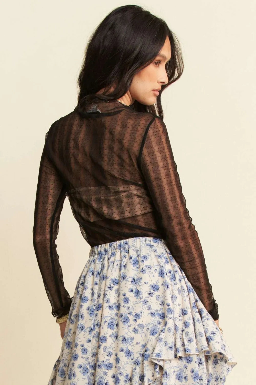 Turtle Neck Lace Dotted Stretch Mesh Sheer Top, image 6