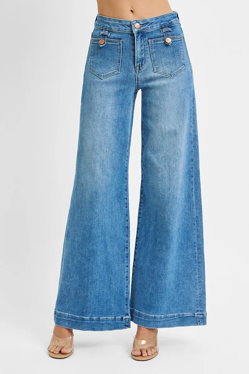 Full Size Mid Rise Wide Front Patch Pocket Jeans Plus Size, image 2