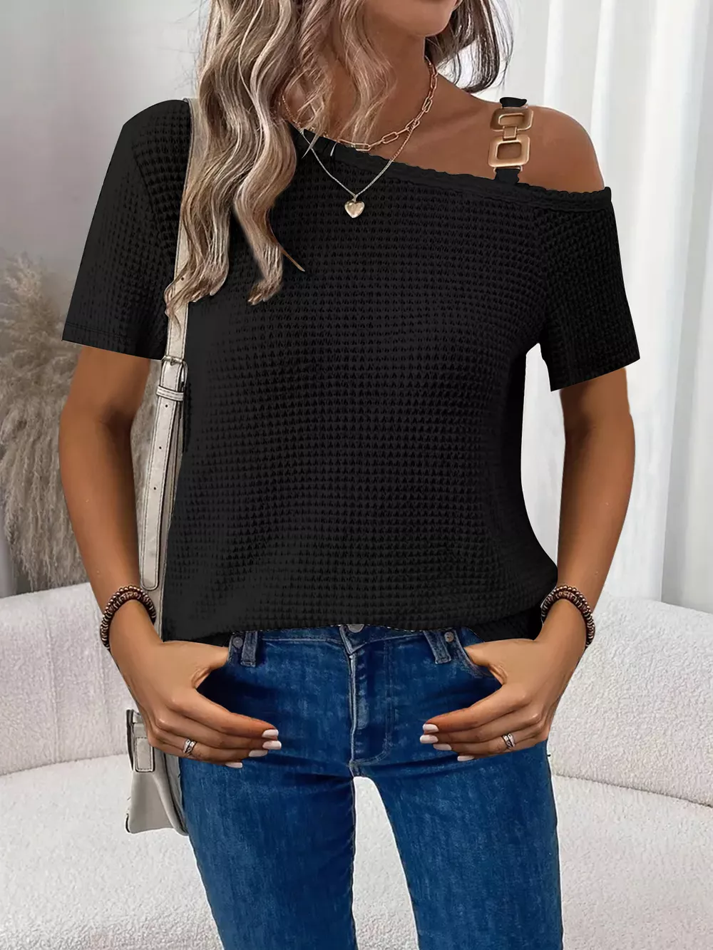 One-Shoulder Chain Detail Waffle Knit T-Shirt, image 7